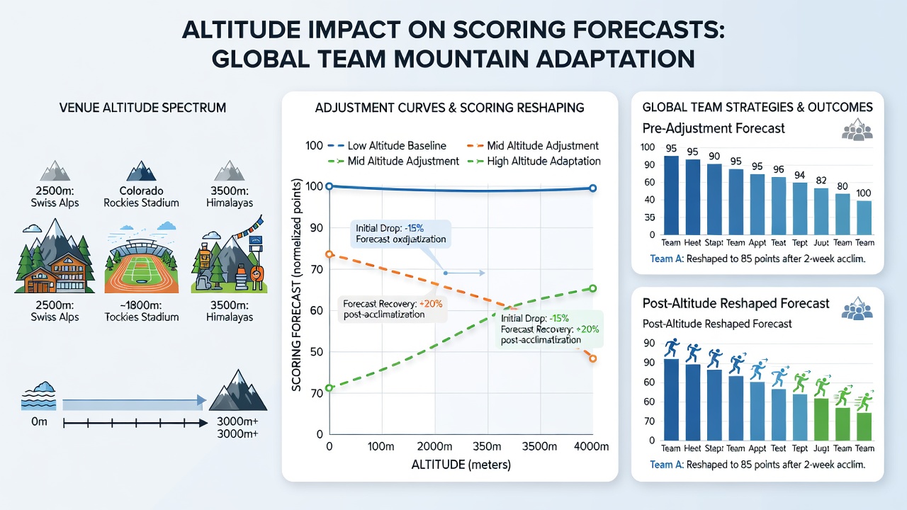 Data visualization showing scoring forecast adjustments at various mountain venues with altitude metrics overlaid on team performance graphs