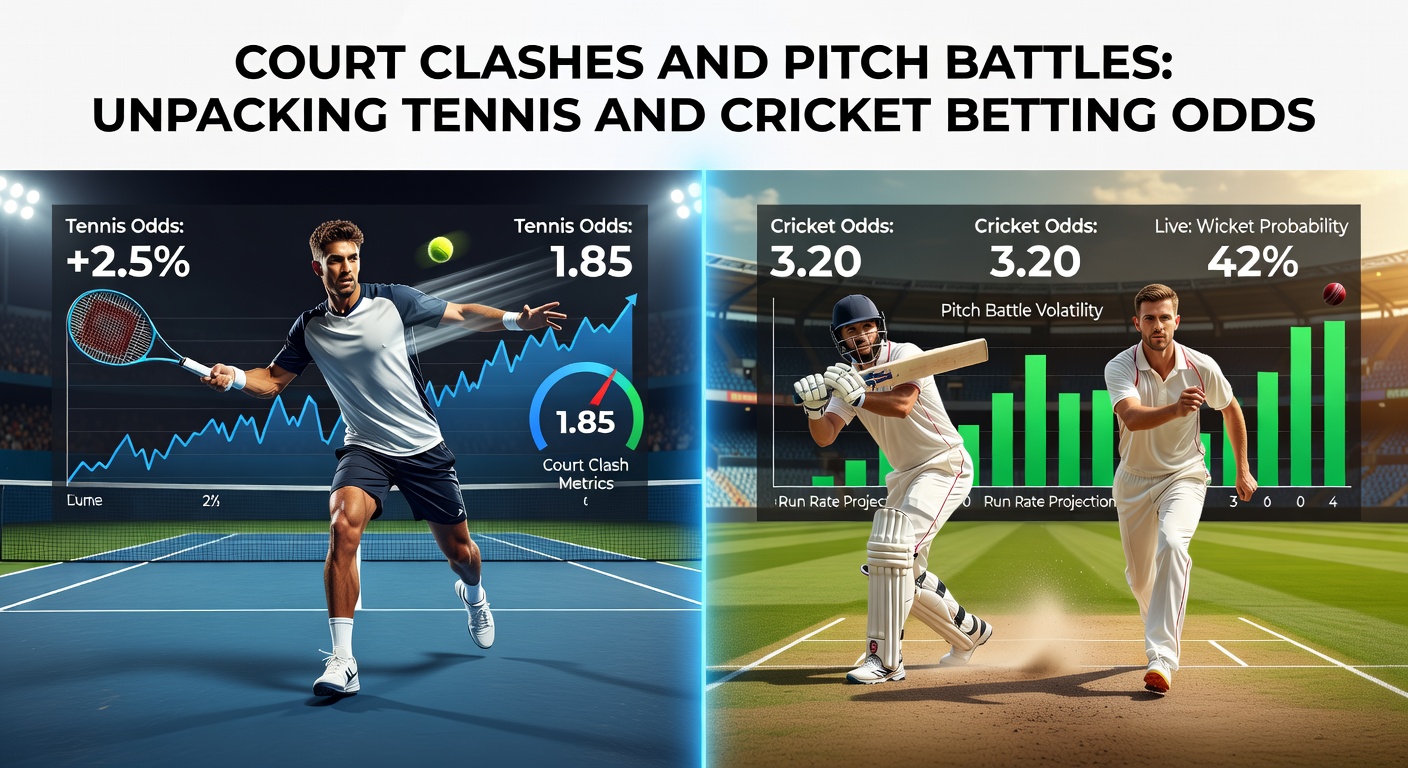 Close-up of tennis scoreboard showing live odds changes beside a cricket pitch with umpire signaling wide, highlighting real-time betting shifts
