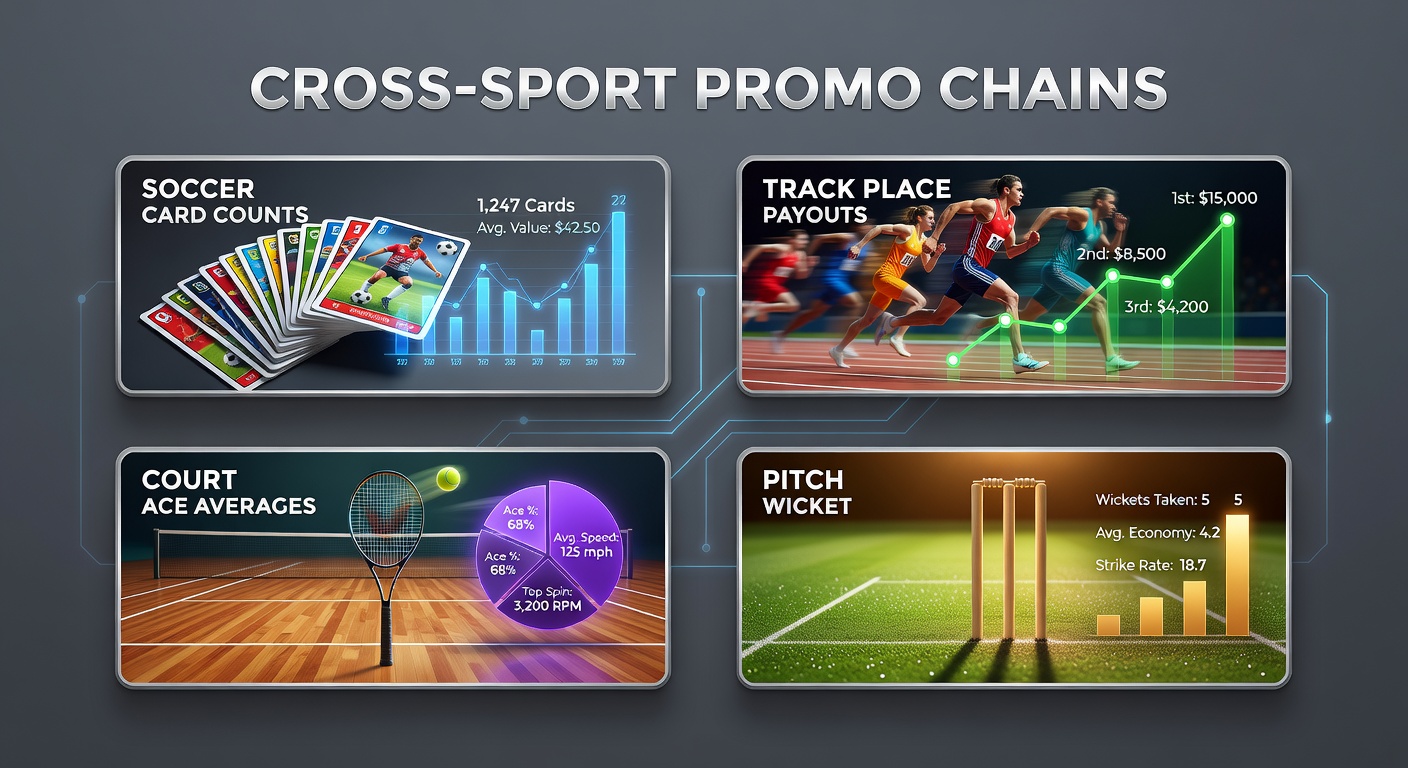 Dynamic action shot linking soccer yellow card, horse placing second, tennis player acing, cricket wicket celebration, and basketball rebound battle under hoop