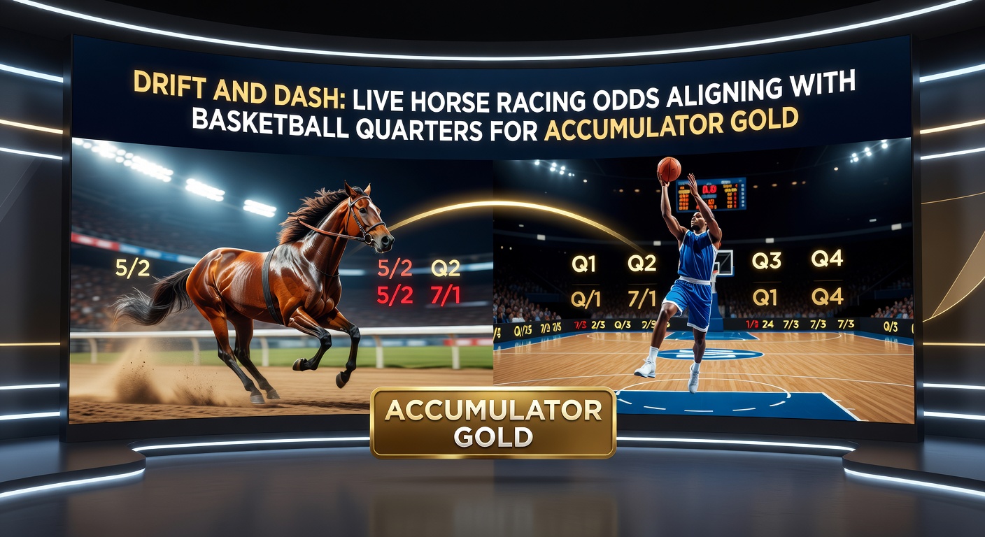 Split-screen graphic of a basketball court in the final quarter and a horse racing starting gate, with odds charts aligning in real-time