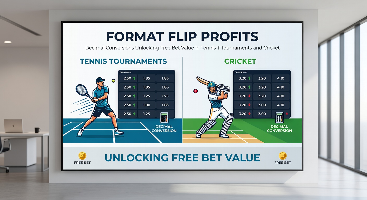 Cricket batsman facing bowler on a sunlit pitch, overlaid with decimal odds display and tennis scoreboard for format comparison