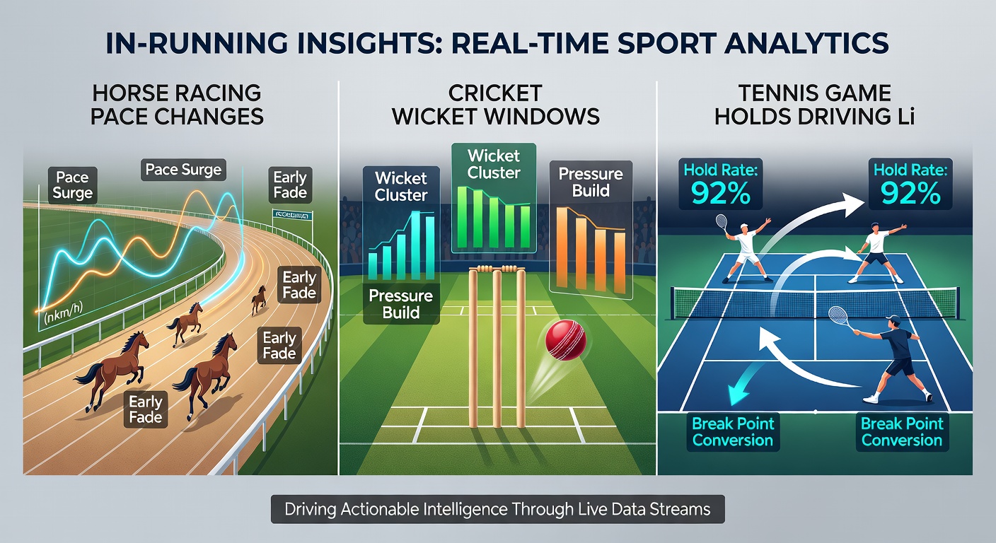 Split-view graphic showing a cricket wicket falling in a key window, overlaid with tennis serve hold stats and horse pace graph during live play