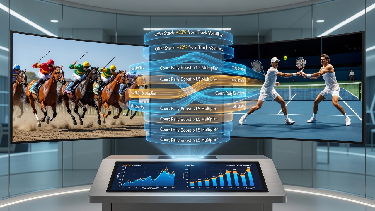 Split screen view of live horse racing and tennis betting markets with stacked offer indicators