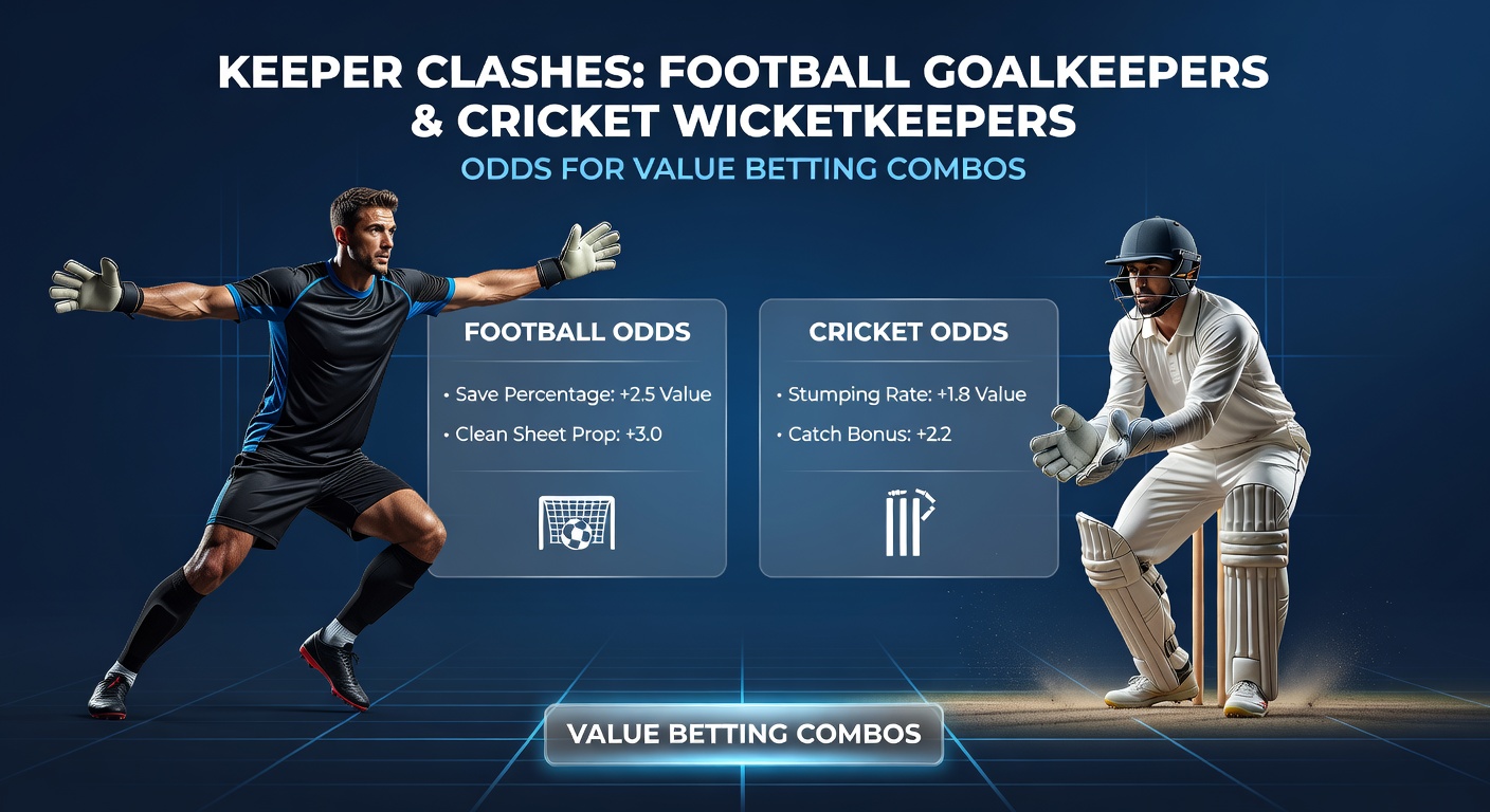 Cricket wicketkeeper celebrating a stumping with teammates, overlaid with a football goalkeeper punching away a corner, symbolizing high-value combo betting markets