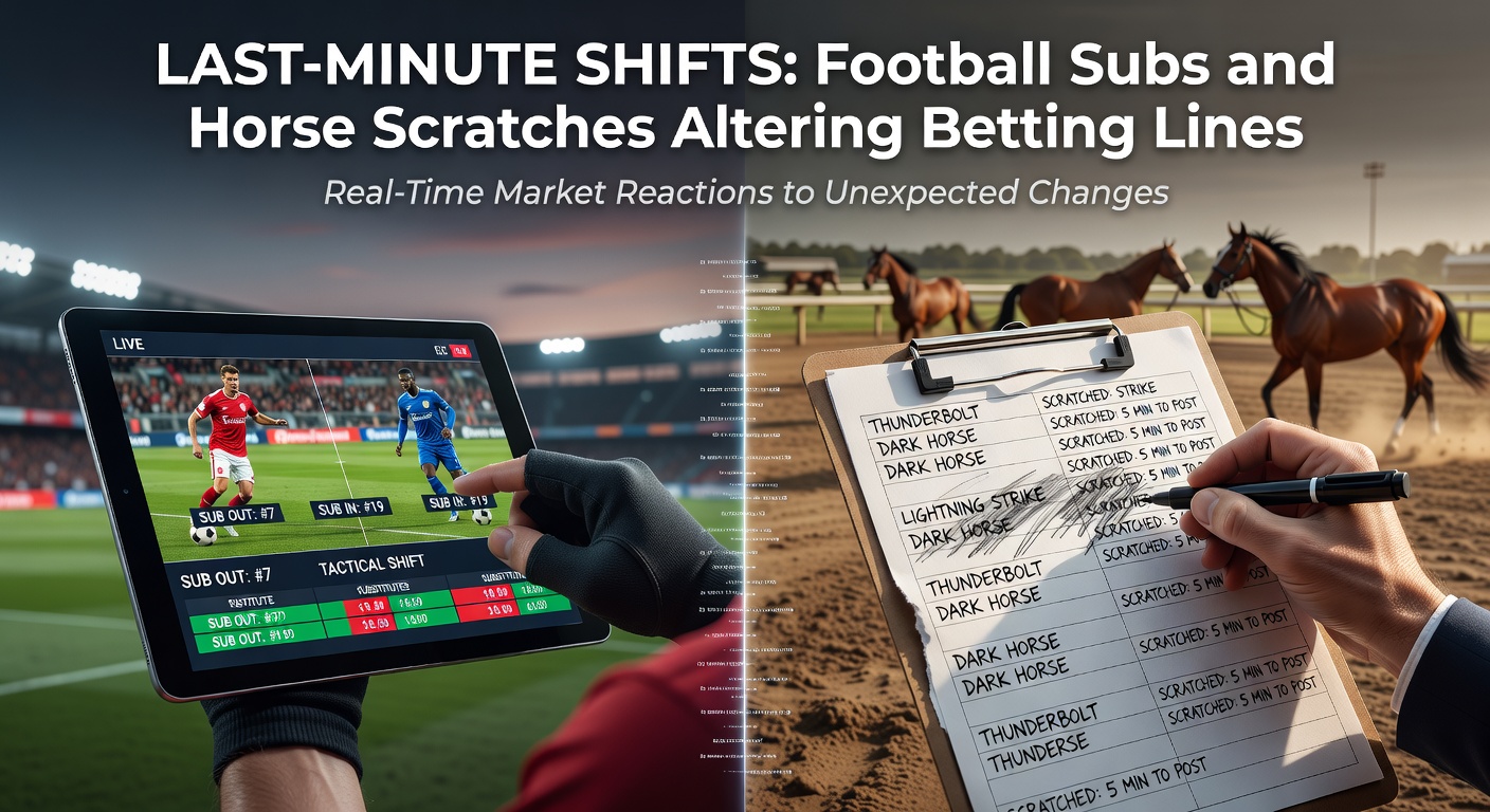 A horse being scratched from a race as trainers notify officials, with betting terminals showing rapid odds changes in the background