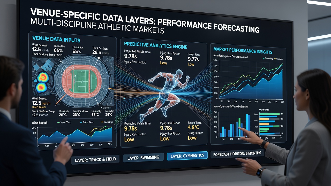 Data analysts reviewing multi-layered performance charts on venue-specific athletic forecasting models