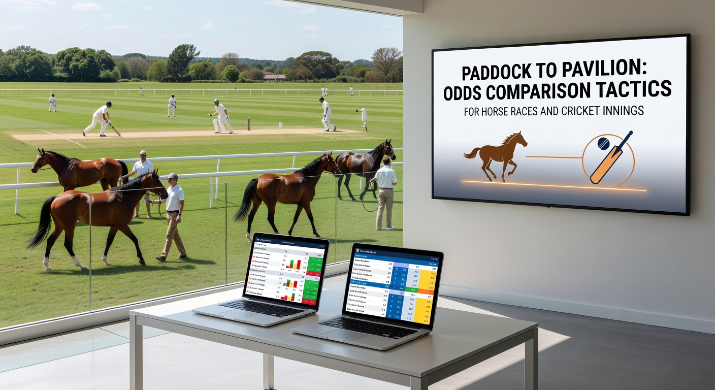 Cricket innings scoreboard displaying live odds comparisons alongside a horse race starting gate