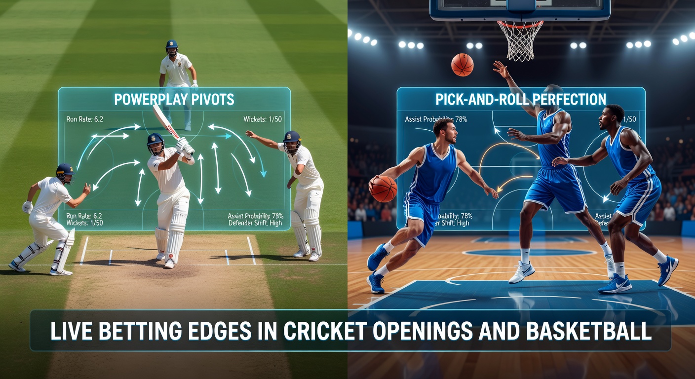 Dynamic split image capturing a cricket bowler delivering in powerplay restrictions next to basketball players executing a flawless pick-and-roll