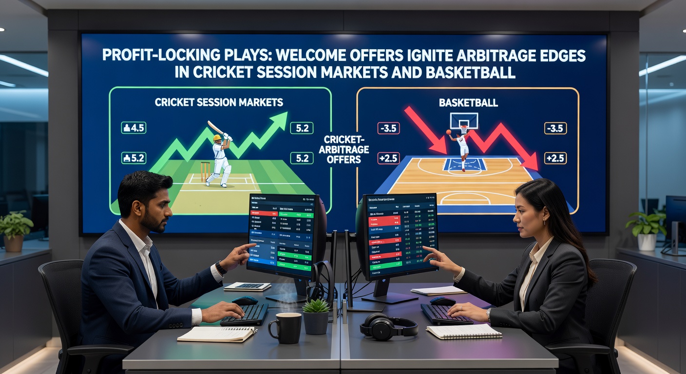 Split-screen graphic of a cricket pitch session overlay with basketball halftime scoreboard, arrows indicating arbitrage flows from welcome bonuses