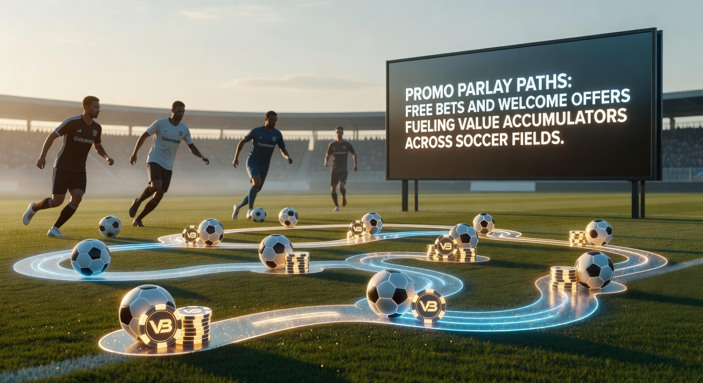 Horse racing track with thundering hooves, overlaid by parlay bet slips showing free bet stakes turning into multi-sport accumulator wins, with soccer balls and basketballs in the background