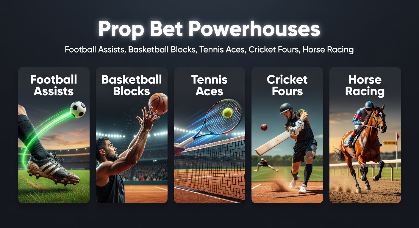 Close-up action shots of a tennis ace serve, cricket four boundary, basketball block denial, and horse racing photo finish highlighting prop bet precision