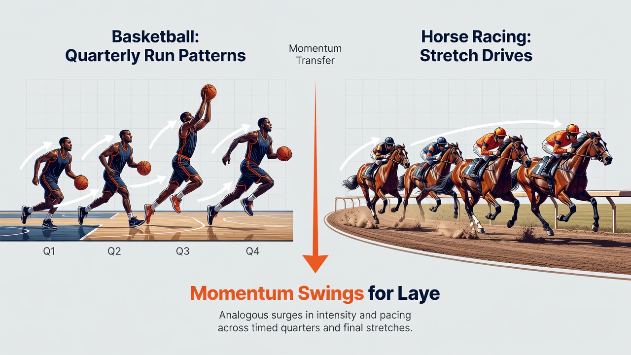 Thoroughbred horses accelerating through the final stretch during a competitive race finish