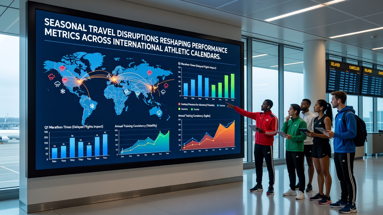 International athletes reviewing rescheduled flight options while monitoring performance recovery apps during seasonal disruptions