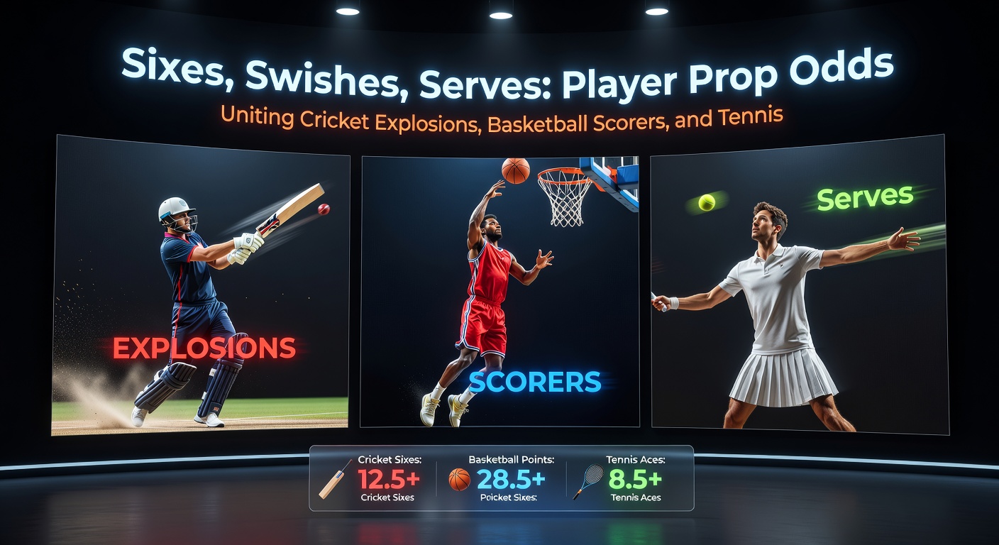 Infographic breaking down sample acca with cricket sixes, basketball points over, and tennis aces stats overlaid on sports action shots