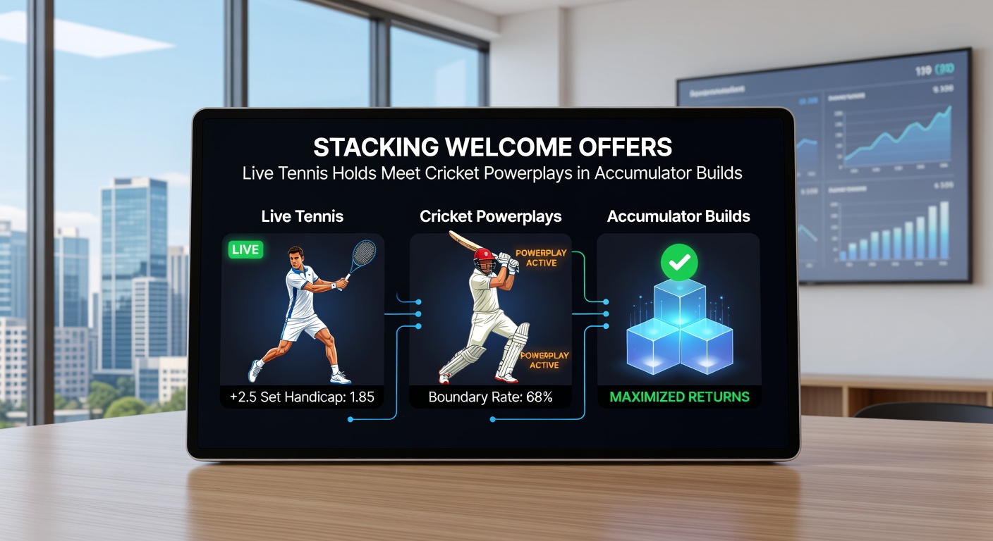 Cricket powerplay overs with fielding restrictions shown on a scoreboard, next to a tennis live betting slip building an accumulator with welcome offer bonuses