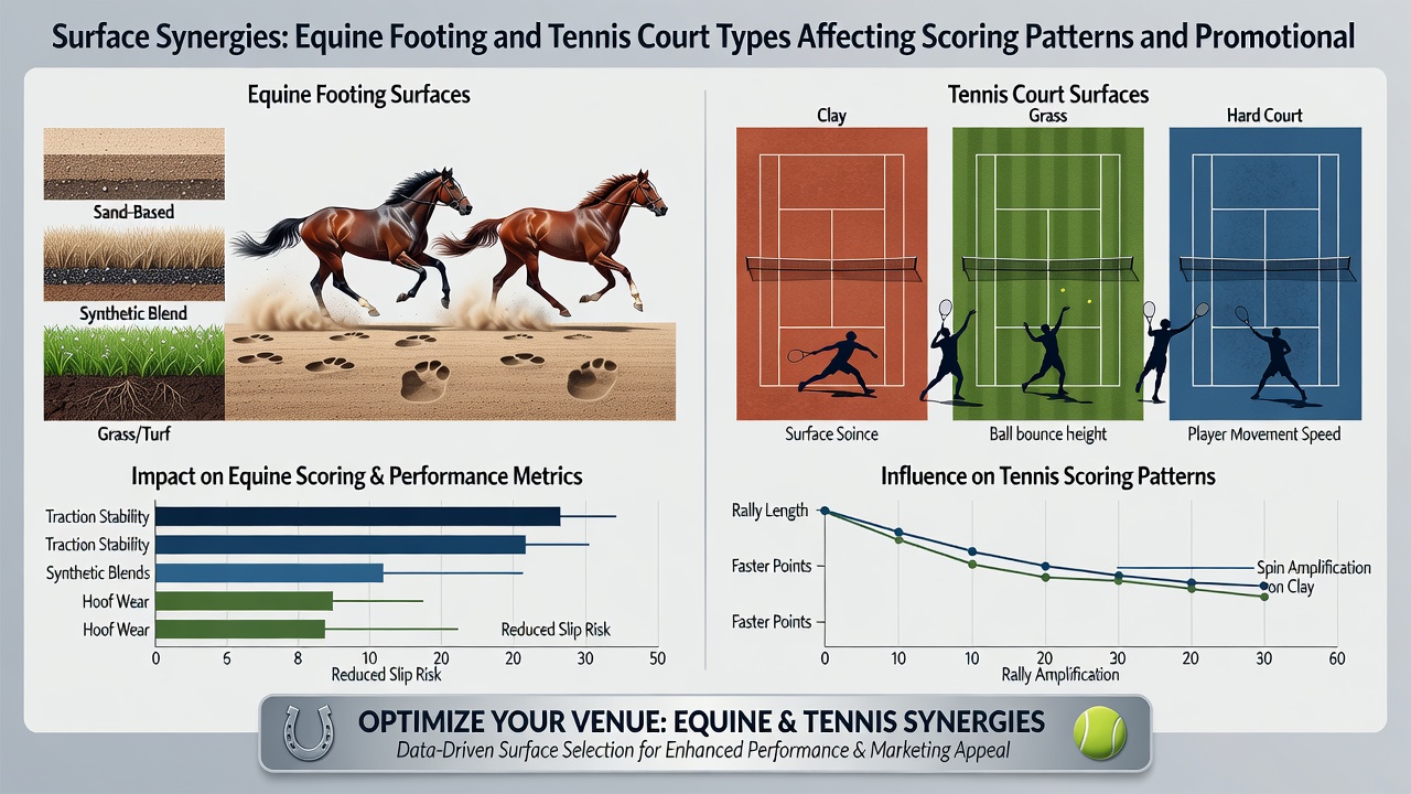 Side-by-side comparison charts of scoring trends on different equine and tennis surfaces with overlaid promotional calendar data from major events