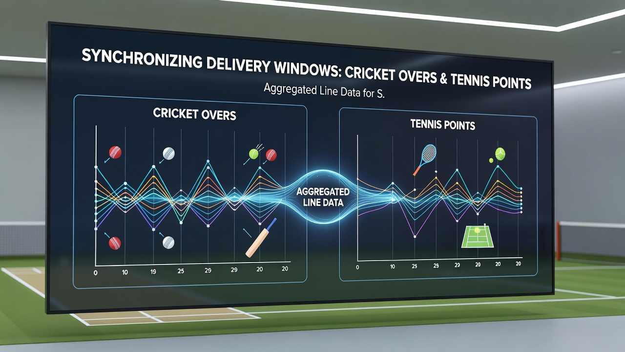 Chart illustrating aggregated line data synchronization between cricket delivery intervals and tennis point structures for reward stacking