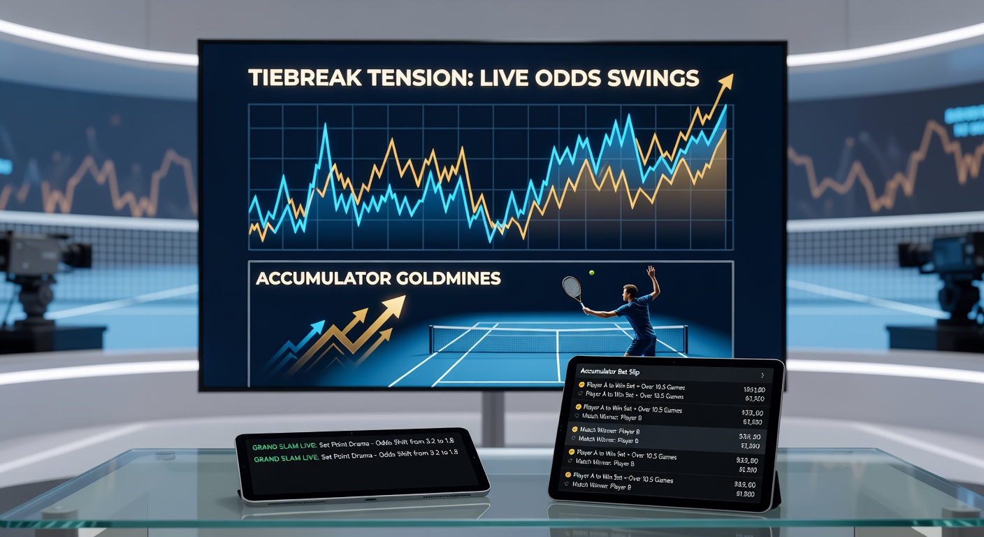 Close-up of tennis scoreboard showing intense tiebreak scoreline in a packed Grand Slam arena, odds overlay flickering