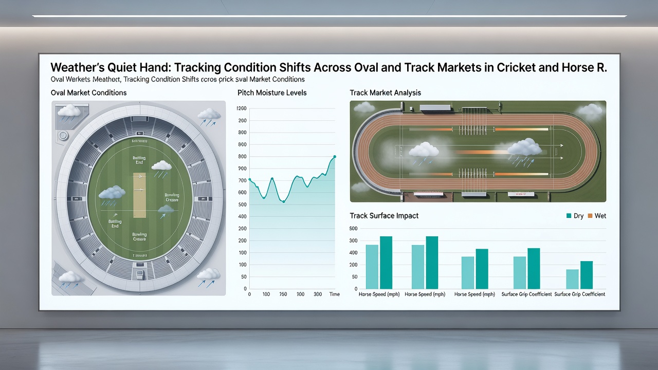 Horse racing track surface with embedded sensors and weather station equipment recording moisture and temperature data during variable conditions